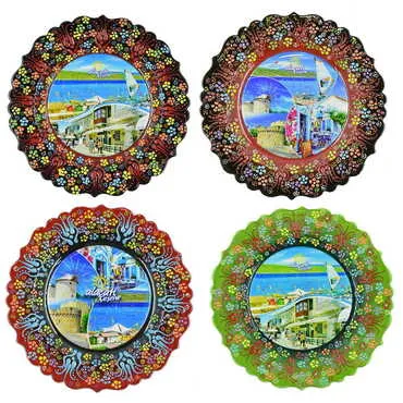 Toptan Alaçatı Bölgesi Temalı Çini Myros Resim Tabak 25 cm - 4