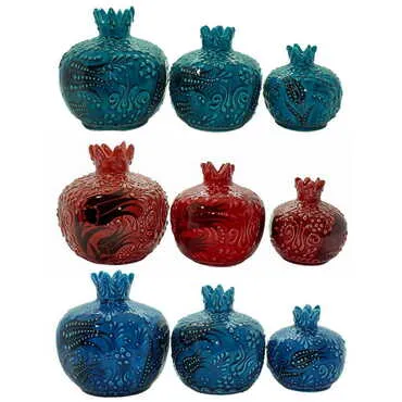 Turkish Ceramic Turquoise Pomegranate Figurine Set of 3 Pcs - 2