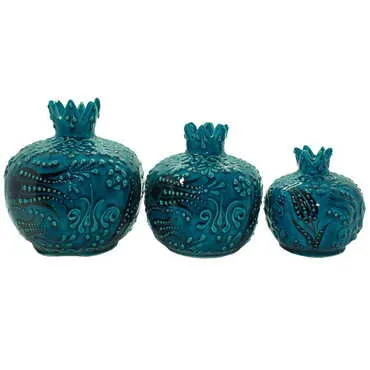 Turkish Ceramic Turquoise Pomegranate Figurine Set of 3 Pcs - 3