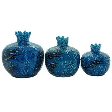 Turkish Ceramic Turquoise Pomegranate Figurine Set of 3 Pcs - 4
