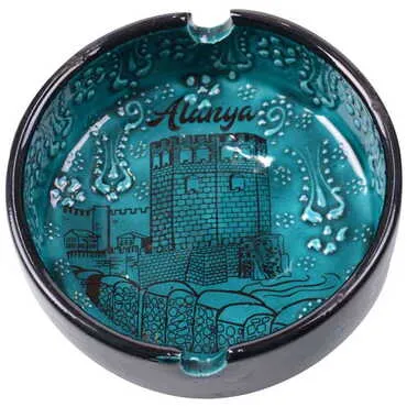 Alanya Themed Turkish Ceramic Turquoise Ashtray Big Size - 3