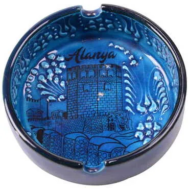 Alanya Themed Turkish Ceramic Turquoise Ashtray Big Size - 4