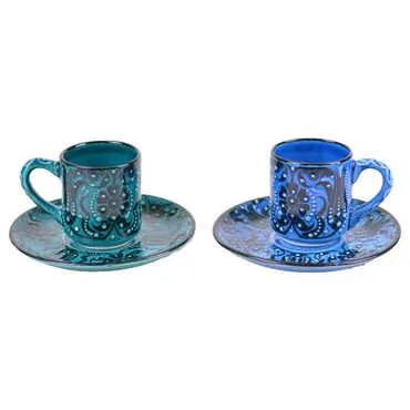 Turkish Ceramic Turquoise Coffee Glass Set of 2 Pcs - 3