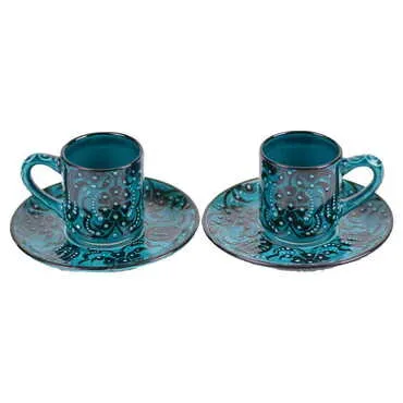 Turkish Ceramic Turquoise Coffee Glass Set of 2 Pcs - 4