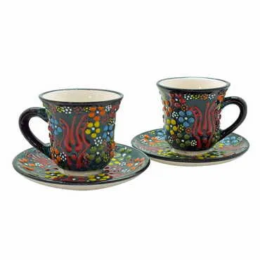 Turkish Ceramic Relief Coffee Cup Set of 2 pcs - 5