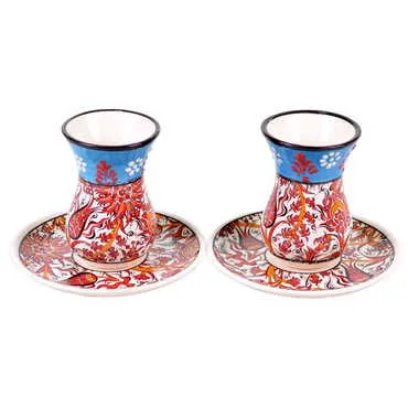 Turkish Ceramic Special Relief Tea Cup Set of 2 Pcs - 5
