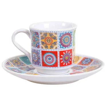 Tile Pattern Themed Turkish Ceramic Custom Printed Turkish Coffee Cup Set of 2 pcs - 16
