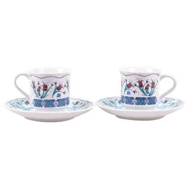 Tile Pattern Themed Turkish Ceramic Custom Printed Turkish Coffee Cup Set of 2 pcs - 10