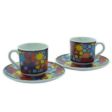 Tile Pattern Themed Turkish Ceramic Custom Printed Turkish Coffee Cup Set of 2 pcs - 13