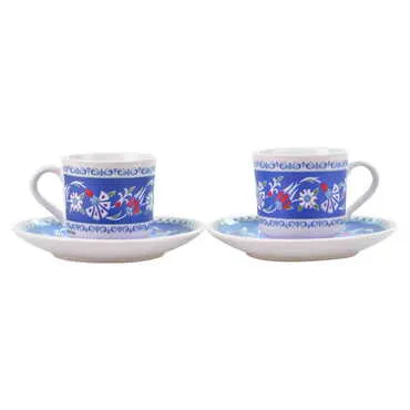 Tile Pattern Themed Turkish Ceramic Custom Printed Turkish Coffee Cup Set of 2 pcs - 12