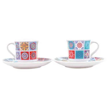 Tile Pattern Themed Turkish Ceramic Custom Printed Turkish Coffee Cup Set of 2 pcs - 8