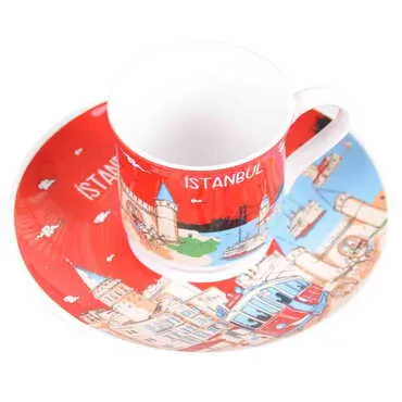 Istanbul Themed Turkish Ceramic Custom Printed Turkish Coffee Cup Set of 2 pcs - 6