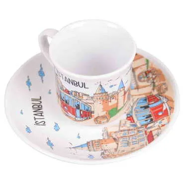 Istanbul Themed Turkish Ceramic Custom Printed Turkish Coffee Cup Set of 2 pcs - 7