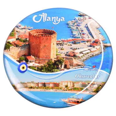Alanya Themed Epoxy Dome Round Souvenir Fridge Magnet 67 mm - 11