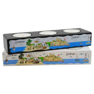 Toptan Bodrum Temalı Yöresel Ahşap Üçlü Mumluk - 3