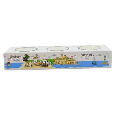 Toptan Bodrum Temalı Yöresel Ahşap Üçlü Mumluk - 4