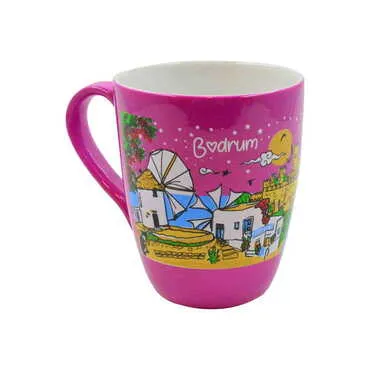 Toptan Bodrum Temalı Porselen Renkli Baskılı Konik Kupa - 5