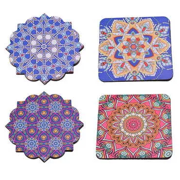 Toptan Mandala Temalı Ahşap İkili Resimli Bardak Altlığı 90 mm - 2
