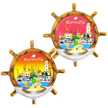 Marmaris Themed Customised UV Printed Plastic Base Marin Rudder Shaped Fridge Magnet 82x82 mm - 3