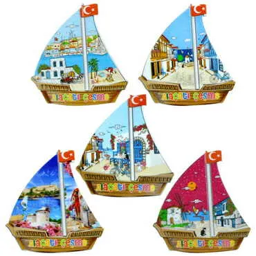 Alacati Region Themed Customised UV Printed Plastic Base Sail Ship Shaped Fridge Magnet 77x80 mm - 3