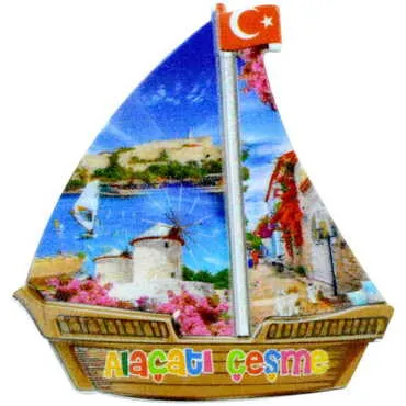 Alacati Region Themed Customised UV Printed Plastic Base Sail Ship Shaped Fridge Magnet 77x80 mm - 8