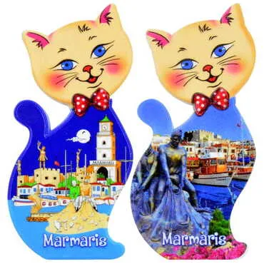 Toptan Marmaris Temalı Uv Baskılı Kedi Şekilli Magnet 43x87 mm - 3