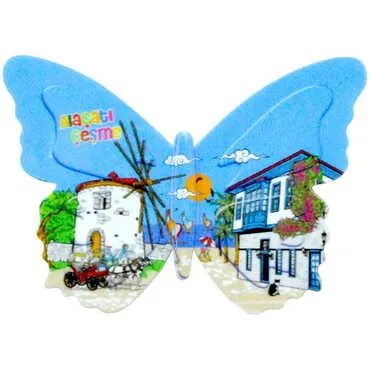 Toptan Alaçatı Bölgesi Temalı Uv Baskılı Kelebek Şekilli Magnet 80x58 mm - 7