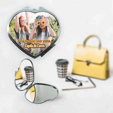 Friend Themed Customised Metal Epoxy Travel Make Up Compact Heart Shaped Mirror 70x65x8 mm - 2