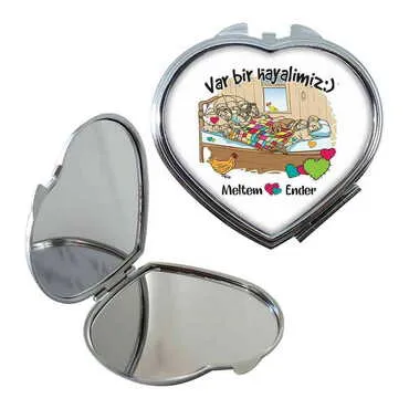 Sweetheart Themed Customised Metal Epoxy Travel Make Up Compact Heart Shaped Mirror 70x65x8 mm - 3