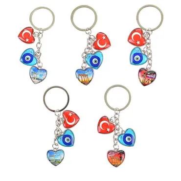 Side Themed Metal Keychain With 3 Charms - Heart 40x85 mm - 2