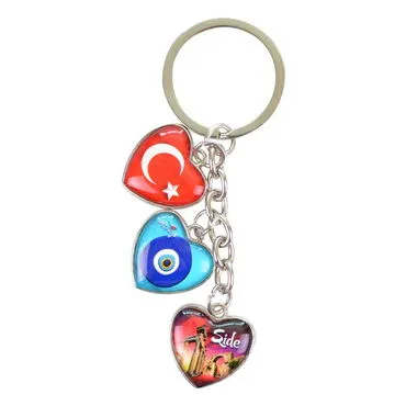 Side Themed Metal Keychain With 3 Charms - Heart 40x85 mm - 5