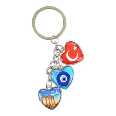 Side Themed Metal Keychain With 3 Charms - Heart 40x85 mm - 6