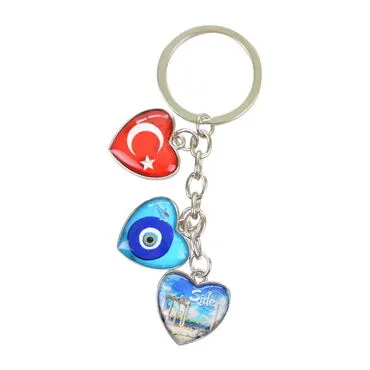 Side Themed Metal Keychain With 3 Charms - Heart 40x85 mm - 7