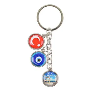 Side Themed Metal Keychain With 3 Charms - Mixed 40x90 mm - 3