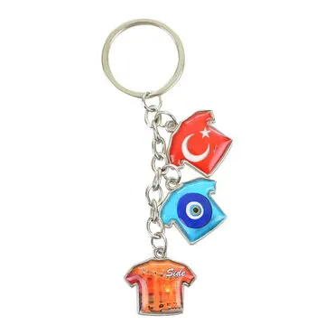 Side Themed Metal Keychain With 3 Charms - T-Shirt 40x95 mm - 3