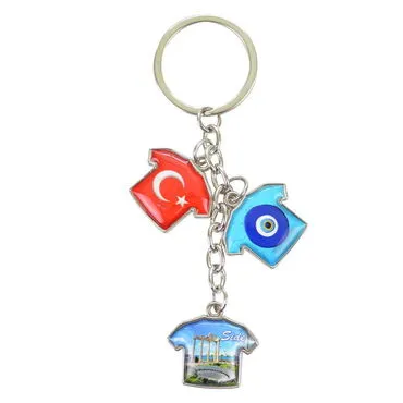 Side Themed Metal Keychain With 3 Charms - T-Shirt 40x95 mm - 5