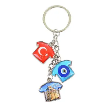 Side Themed Metal Keychain With 3 Charms - T-Shirt 40x95 mm - 6