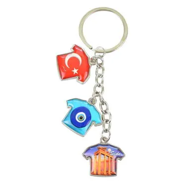 Side Themed Metal Keychain With 3 Charms - T-Shirt 40x95 mm - 7