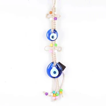 Evil Eye Macrame Double Oval Shaped Ringed Knitted Bead Detailed Wall Hanging