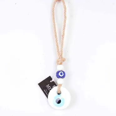 Evil Eye Macrame White Color Oval Shaped Three Bead Detailed Wall Hanging