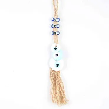 Evil Eye Macrame White Color Triple Oval Shaped Evil Eye Bead Knitted Detailed Wall Hanging