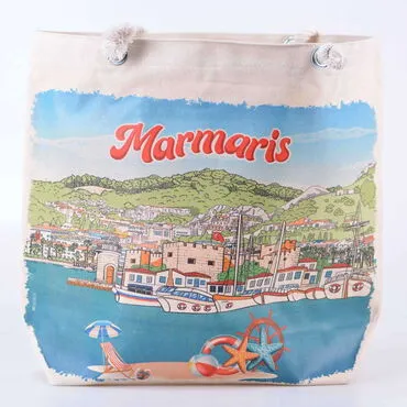 Marmaris Themed Digital Printed Kanvas Beach Bag 35x40 cm - 01