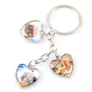 Ankara Themed Metal Keychain With 3 Charms - Heart 40x85 mm