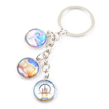 Ankara Themed Metal Keychain With 3 Charms - Round 40x90 mm - 3