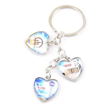 Ankara Themed Metal Keychain With 3 Charms - Heart 40x85 mm - 2