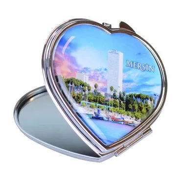 Mersin Themed Customised Metal Epoxy Travel Make Up Compact Heart Shaped Mirror 70x65x8 mm - 2
