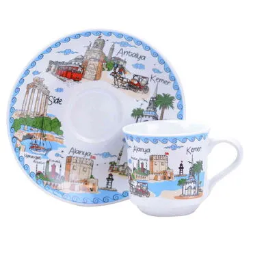 Antalya Region Themed Turkish Ceramic Custom Printed Turkish Coffee Cup Set of 2 pcs