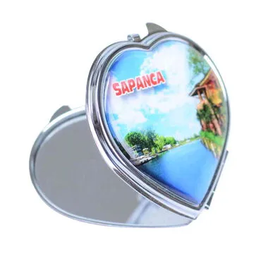 Sapanca Themed Customised Metal Epoxy Travel Make Up Compact Heart Shaped Mirror 70x65x8 mm - 2