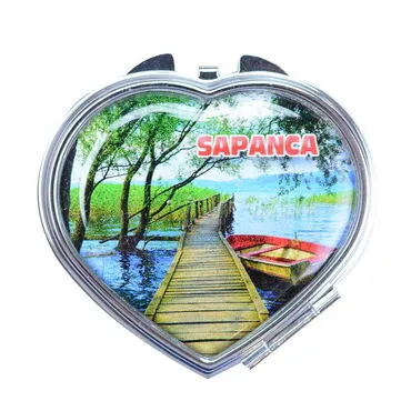 Sapanca Themed Customised Metal Epoxy Travel Make Up Compact Heart Shaped Mirror 70x65x8 mm - 3