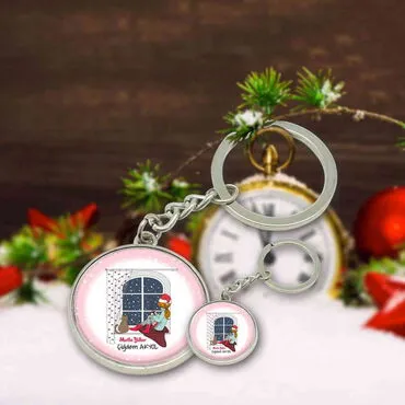 Christmas Themed Metal Round Keychain 35x90 mm - 2